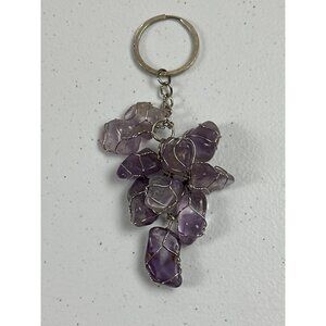 Amethyst Crystal Cluster Keychain With Wire Wrap Detailing & Silver-Tone Keyring